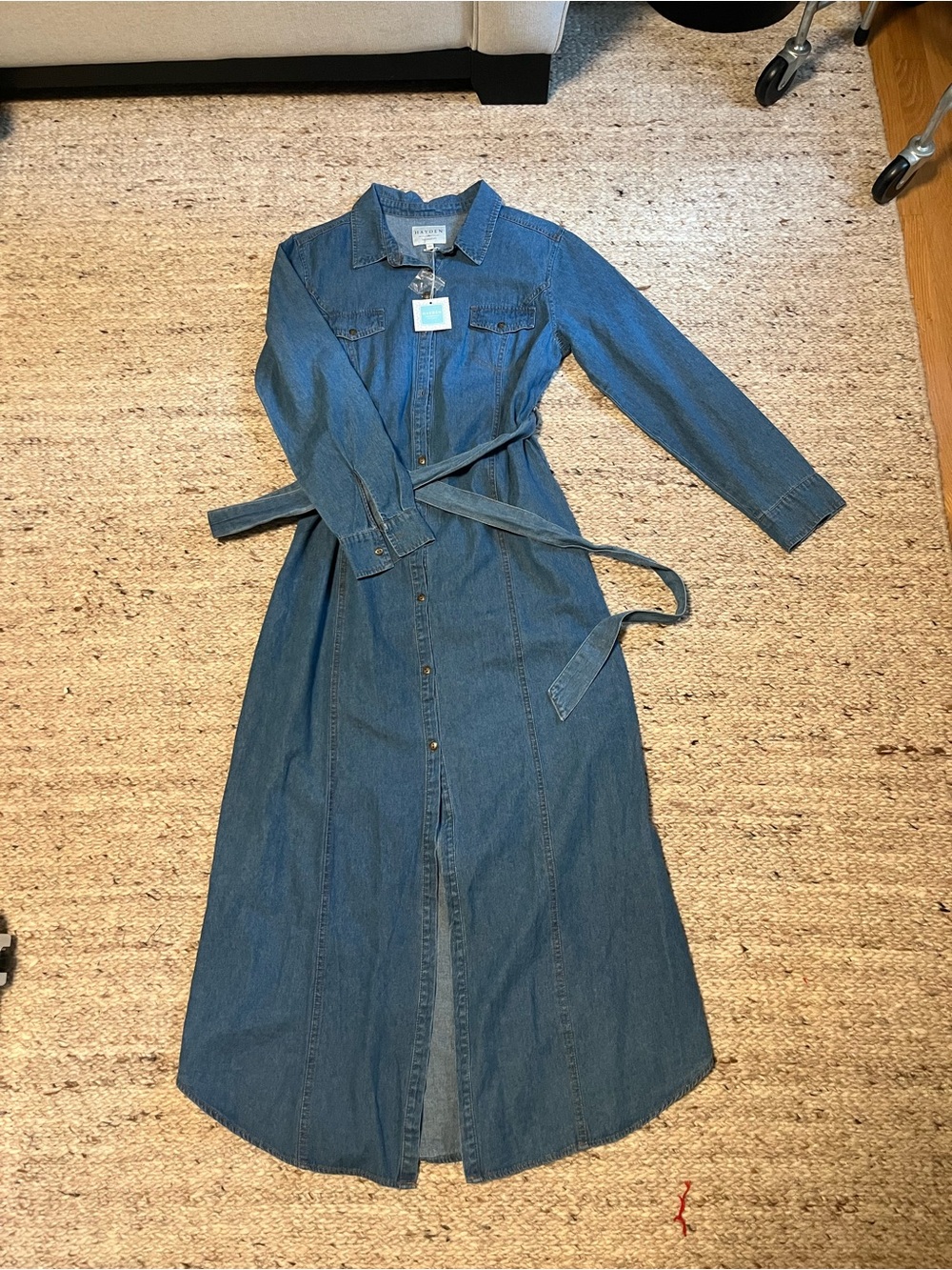 Hayden Blue Denim Maxi Shirt Dress with Waist Tie